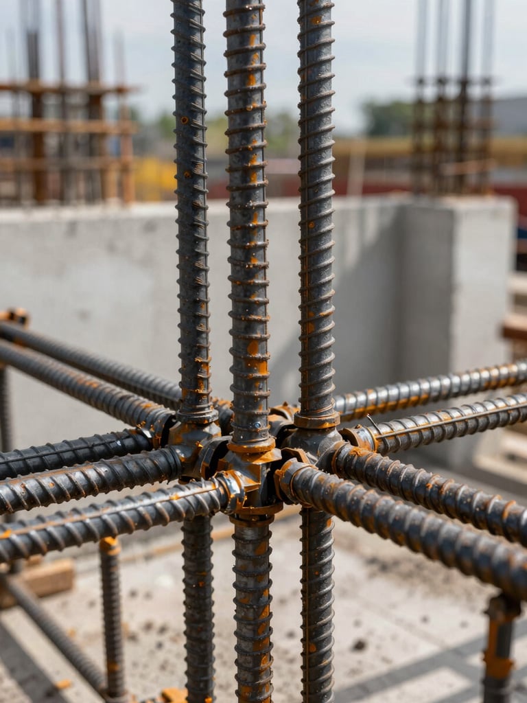 Close-up of a steel reinforcement joint being resolved on a construction site, precise rod intersections and tie wire visible under overcast daylight, concrete formwork in the background, no people in foreground