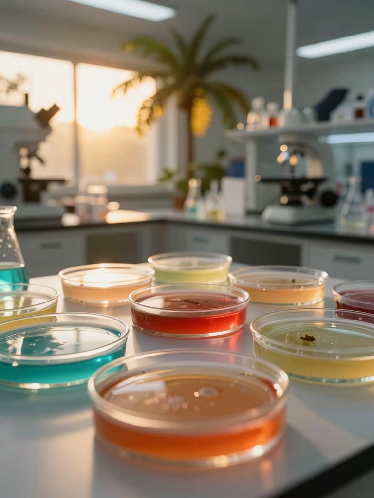 Macro shot of eco-friendly biological cultures in a modern laboratory, warm golden tropical backlighting, clean medical-grade presentation