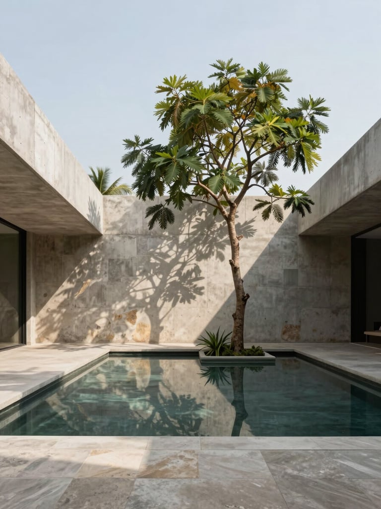 Minimalist concrete courtyard with a single native tree, soft monsoon light, reflecting pool.