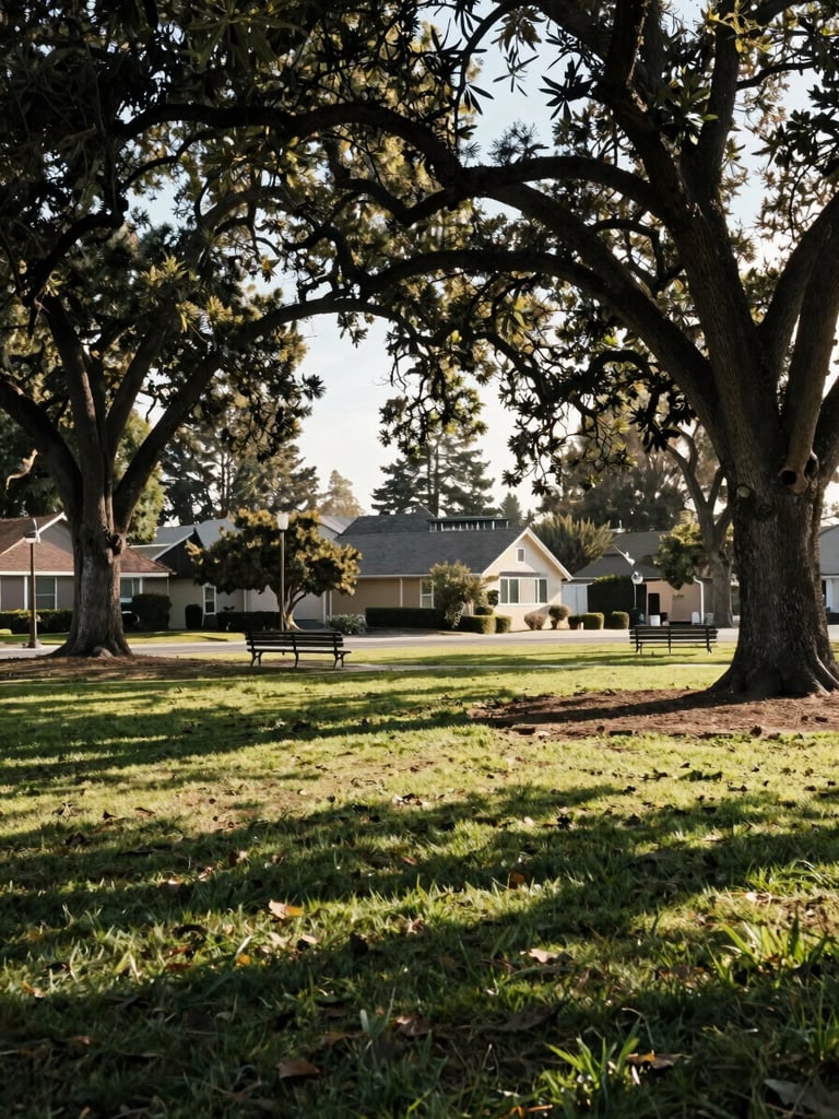 Wide environmental shot of a Sacramento neighborhood park in morning daylight, mature oak trees casting dappled shade across a grass lawn, a few empty park benches in the middle distance, residential rooflines visible behind the treeline, no people, natural balanced light