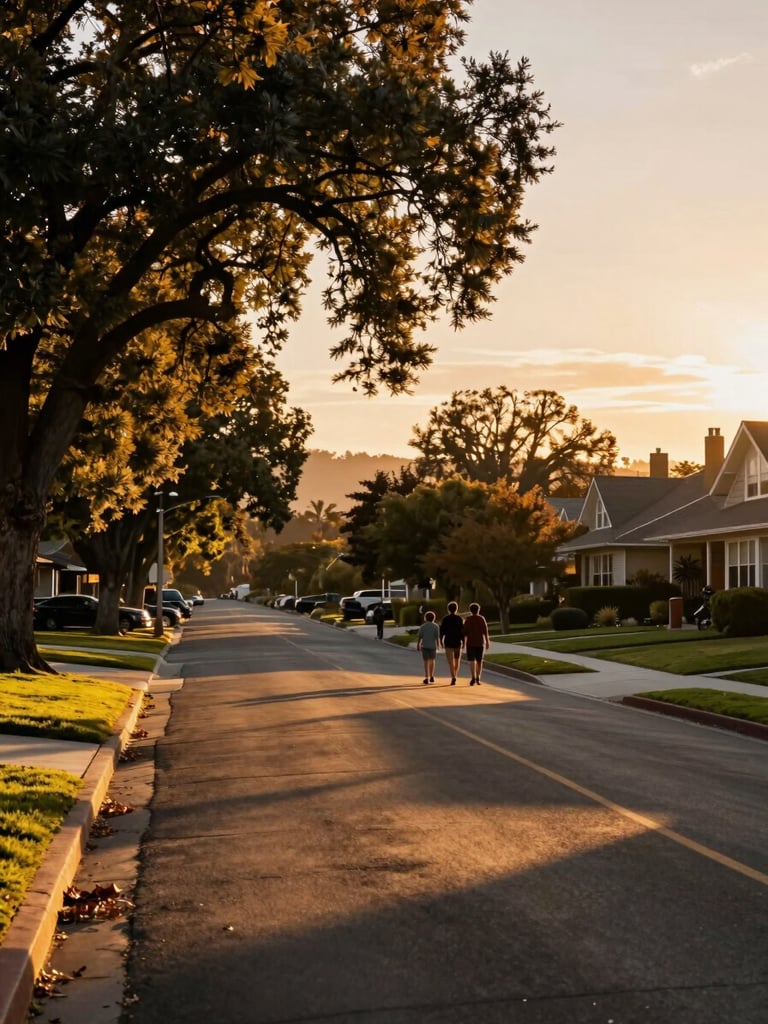Wide environmental shot looking down a tree-lined residential street in a NorCal suburb at golden hour, warm amber light raking across the pavement, mature oaks framing the left edge, a family walking away from camera in the middle distance, no faces visible, sky soft gold above the roofline
