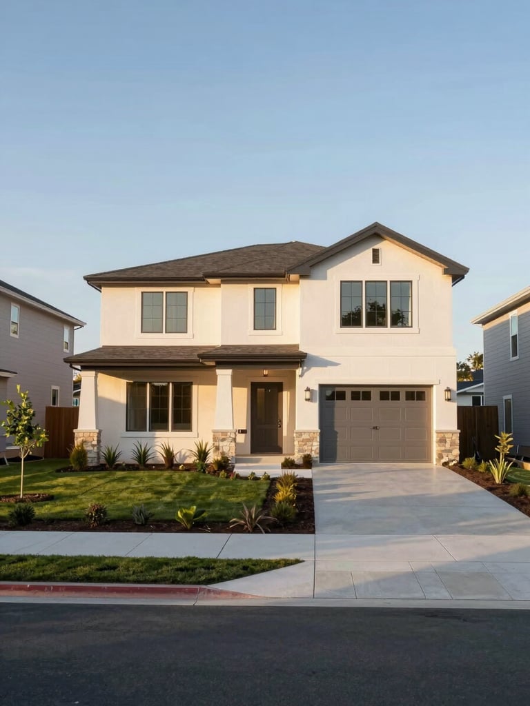 Wide exterior of a new-construction builder model home in a NorCal suburb, late-afternoon daylight, freshly landscaped front yard, clean contemporary facade with warm stucco finish, street-level framing from slightly left of center, neighboring homes partially visible to show community scale, no people