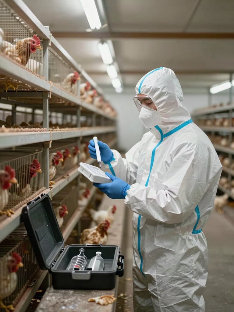 Medium environmental shot inside a poultry layer house, a technician in protective coveralls holding a sampling kit near a row of battery cages, overcast natural daylight filtering through ventilation louvers, equipment case open on a nearby surface, no direct flash, authentic farm conditions visible in background