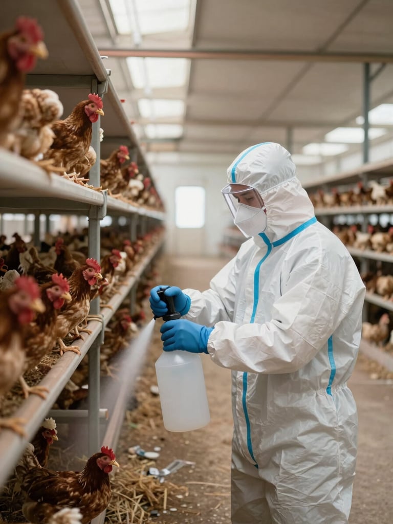 Wide environmental shot inside a poultry layer house, a worker in protective gear applying sanitation spray to waterer lines in the foreground, rows of nesting infrastructure receding into diffused natural daylight from sidewall vents, overcast light, medium shot showing both person and facility context