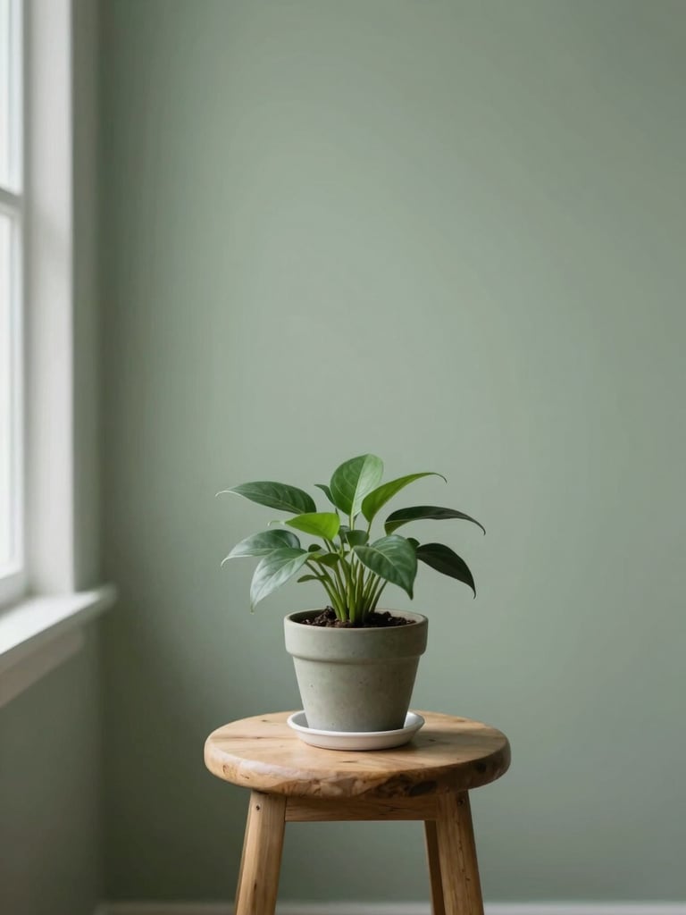 A quiet indoor green space with a single potted plant on a wooden stool, soft diffused window light, minimalist editorial
