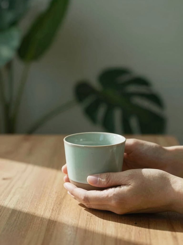 Close up of hands holding a warm ceramic cup on a wooden table, soft shadows, diffused morning light, green plants blurred in the background, minimalist editorial photography