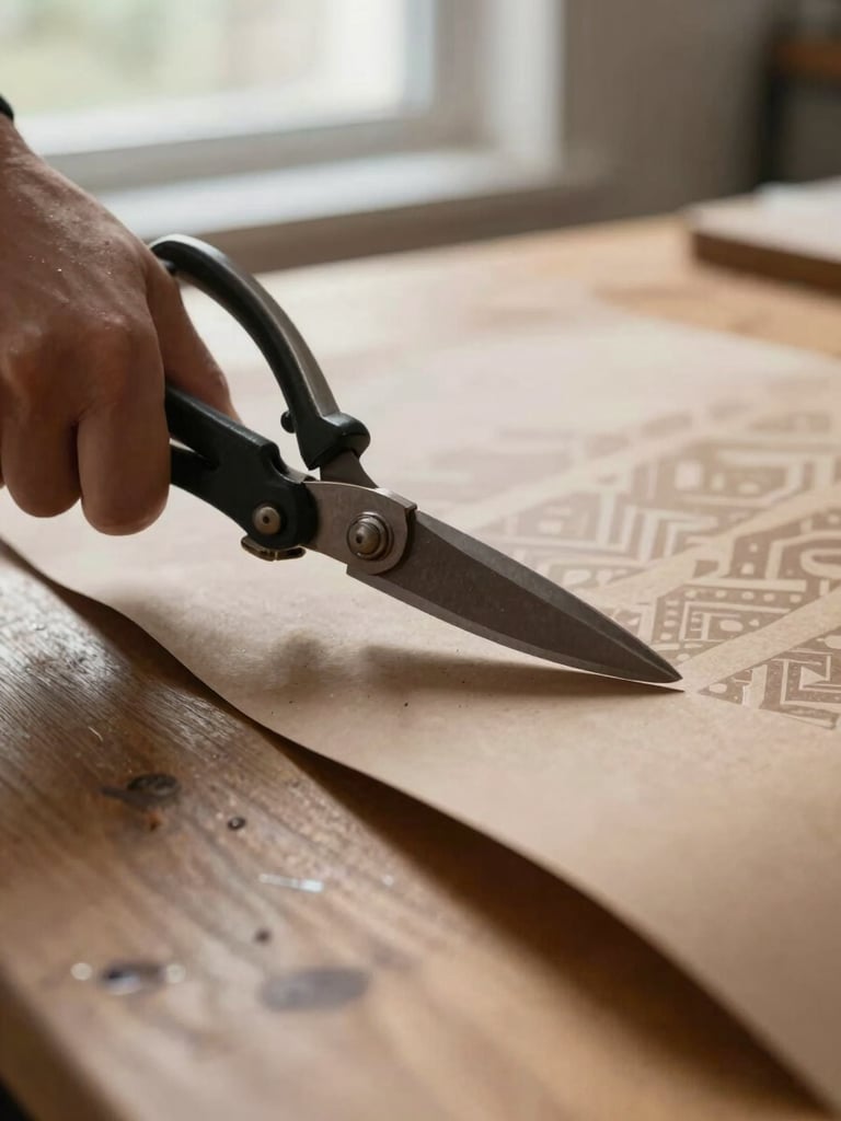 Close-up of heavy shears cutting through thick brown pattern paper on a solid oak worktable, soft diffused natural daylight from a side window, shallow depth of field.
