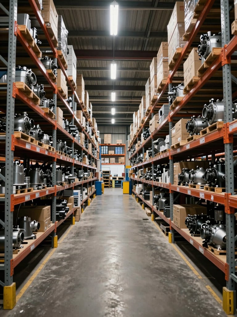 Wide panoramic view of a large industrial warehouse interior, rows of organised metal shelving stacked with mechanical components and hardware boxes stretching into the distance, even overhead fluorescent lighting, no people, shot from a low angle to emphasise scale and depth