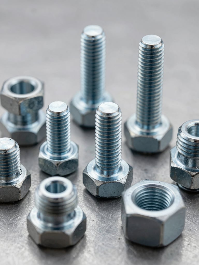 Extreme close-up of industrial spare parts — threaded steel bolts, flanged fittings and machined couplings arranged on a clean grey steel surface under even neutral studio light, sharp focus on the material finish and machined tolerances, no people