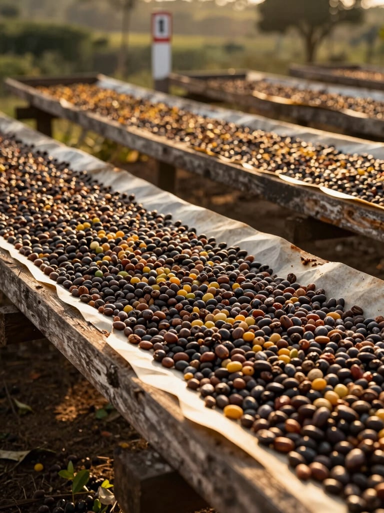 Close-up documentary shot of Ugandan coffee farm infrastructure — weathered timber drying beds lined with parchment coffee, golden-hour side-light raking across the surface, elevation marker post visible in the background, no people, environmental and specific to place