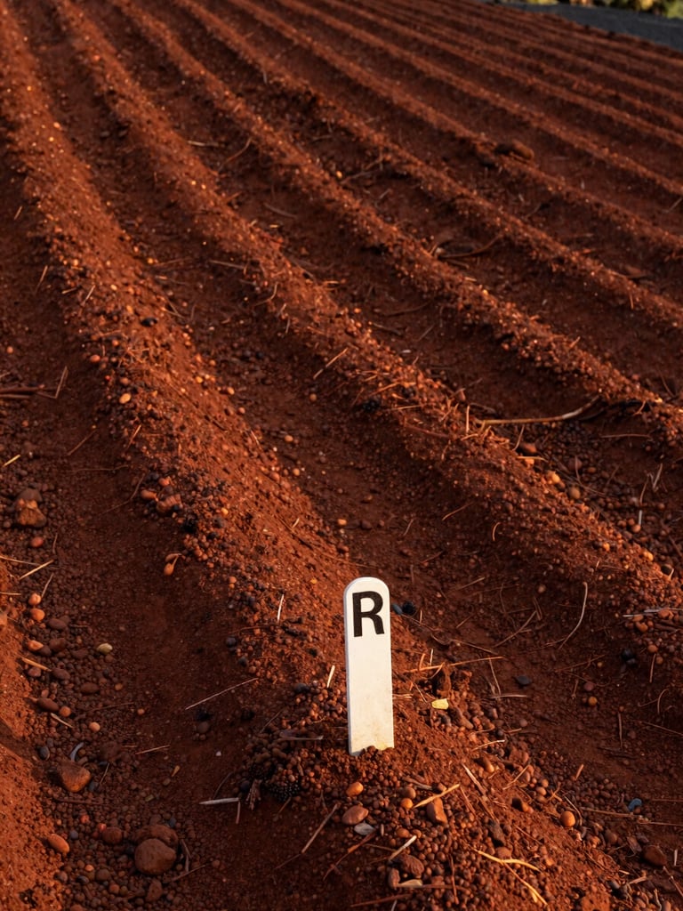 Close-up environmental shot looking down a volcanic hillside coffee row in Uganda, rich red-brown soil visible between plant rows, elevation marker stake in the foreground, golden-hour side-light raking across the soil surface