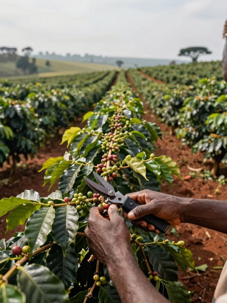 Wide shot of a smallholder coffee farm plot in Uganda, a farmer's hands visible in the lower frame pruning a coffee branch, farm rows extending into middle distance under diffused morning light, green canopy and red soil visible