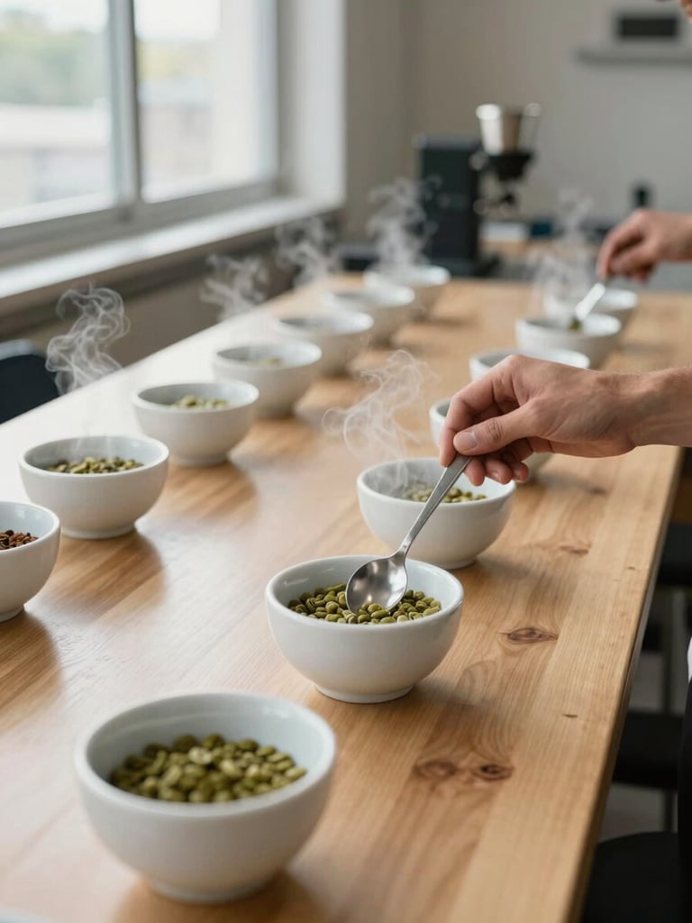Wide interior shot of a cupping lab mid-session, rows of white cupping bowls filled with green and roasted coffee samples on a long wooden table, a pair of hands holding a cupping spoon over a bowl, natural north-facing window light illuminating the steam, warm sienna and charcoal tones, no people's faces visible
