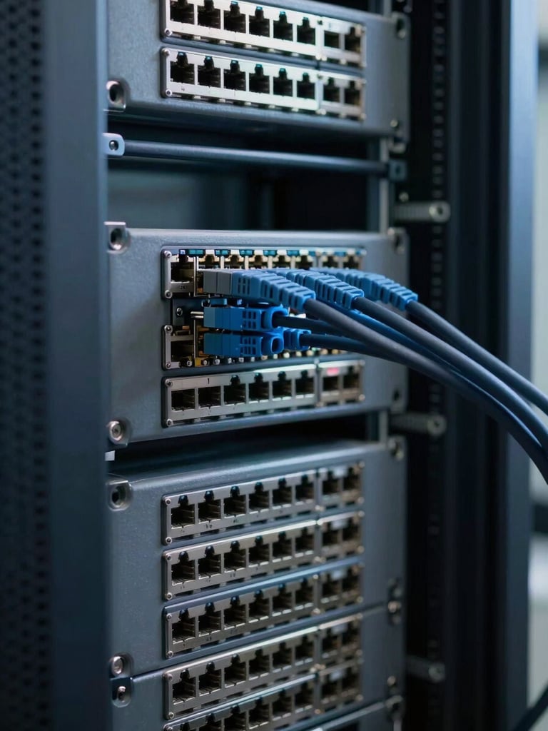 Tight close-up framing of dense server rack infrastructure, cool north-facing studio light raking across cable management and port arrays, shallow depth of field isolating a single ethernet connection cluster, deep steel gray tones with faint blue cast, clinical and revealing