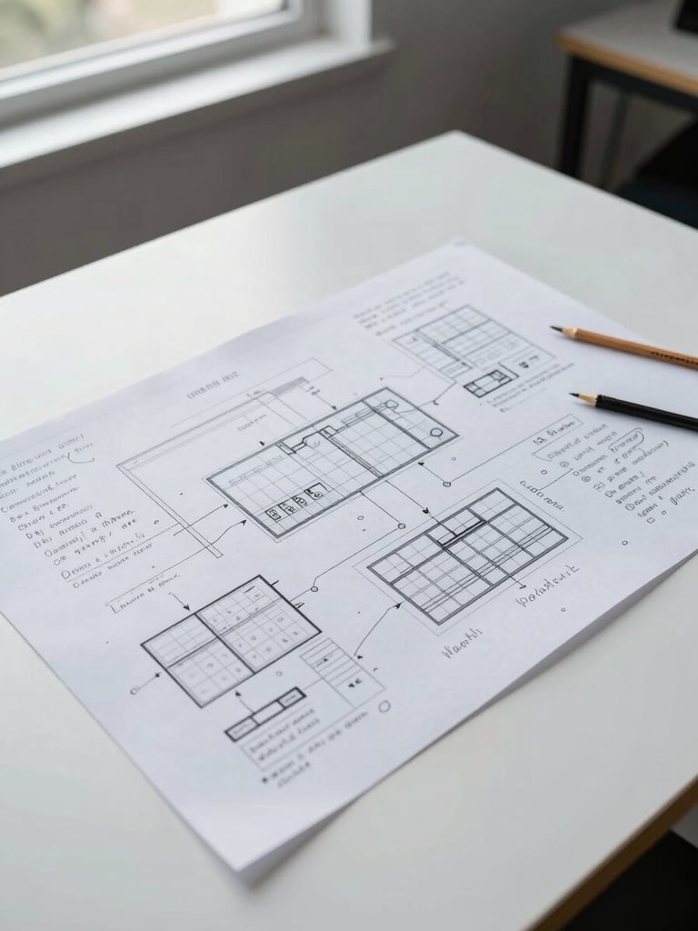 Close overhead framing of a large printed system architecture diagram spread across a clean white table, annotated with handwritten notes in pencil, lit by cool north-facing daylight from a nearby window, empty workspace visible at frame edges