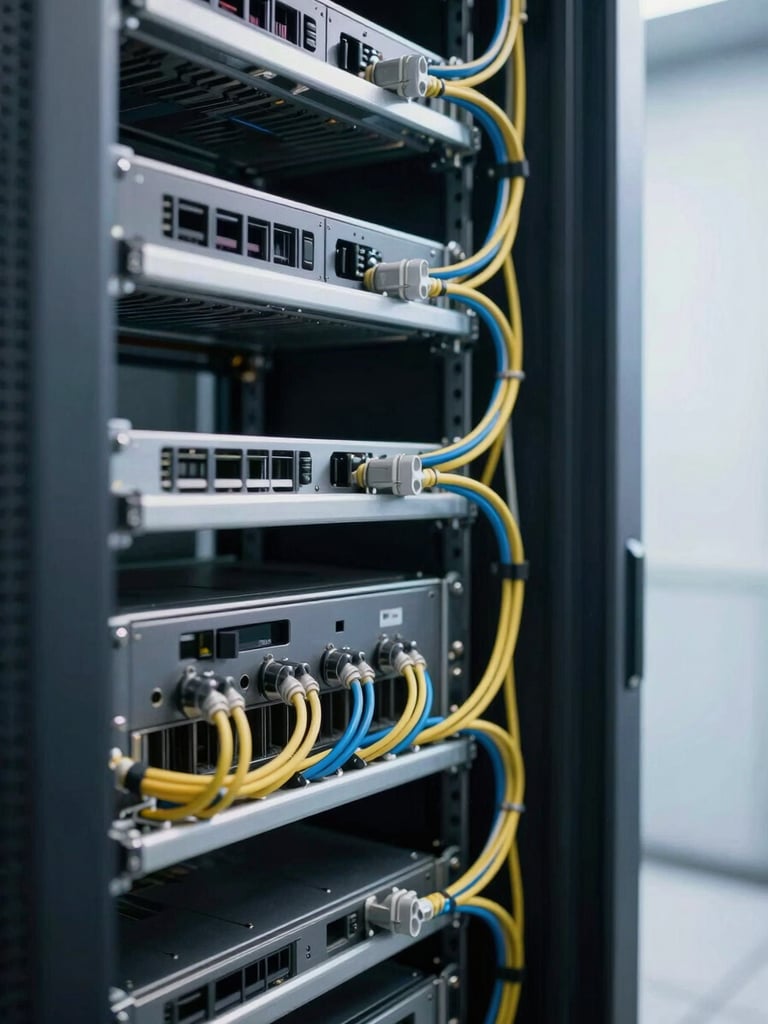 Tight close-up of a dense server rack interior, cables routed with precision along steel rails, shot from the right side under cool north-facing studio strobe light, shallow depth of field, no people, clinical and revealing