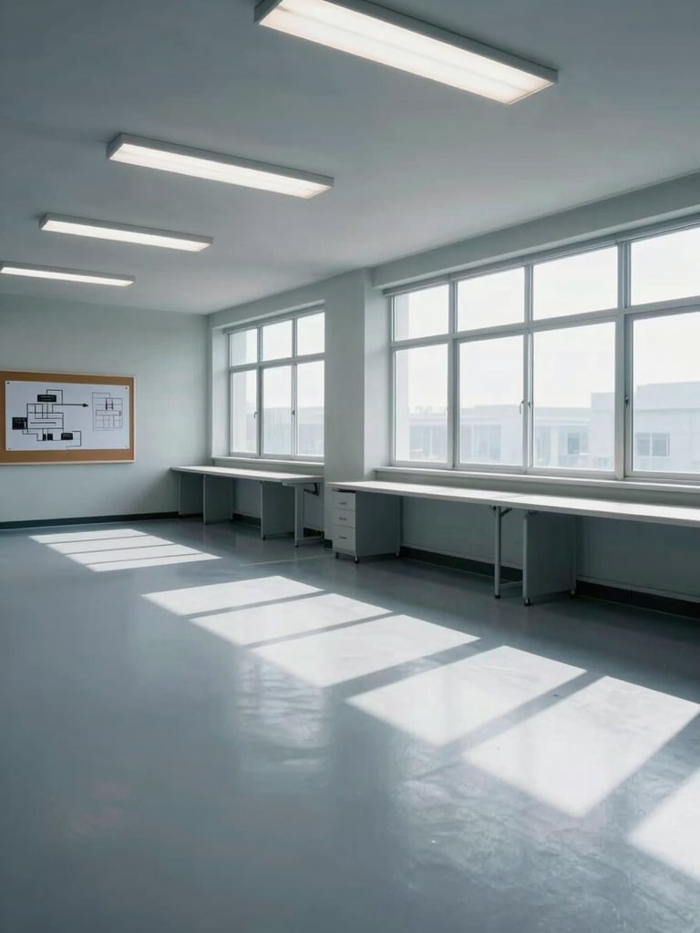 Wide environmental shot of a clean empty operations room, overhead fluorescent and cool north daylight streaming through high windows onto bare workstation surfaces, system architecture diagram printed and pinned to a corkboard in the far left corner, no people present, clinical steel-gray tones