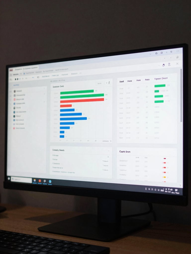 Close-up of a live SaaS dashboard on a high-resolution monitor, real analytics and funnel metrics visible on screen, cool studio lighting illuminating the interface, workspace edge visible at bottom frame