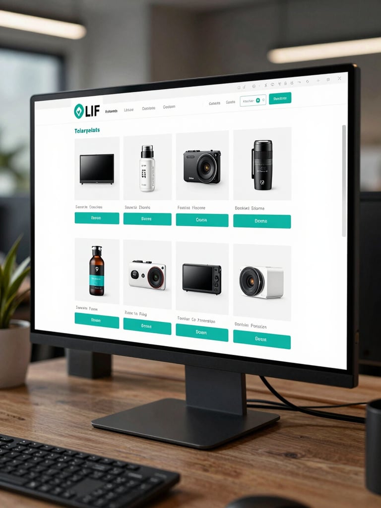 Wide environmental shot of a live ecommerce product page on a large monitor, real product grid with teal accent buttons, cool studio lighting, desk workspace density visible at edges