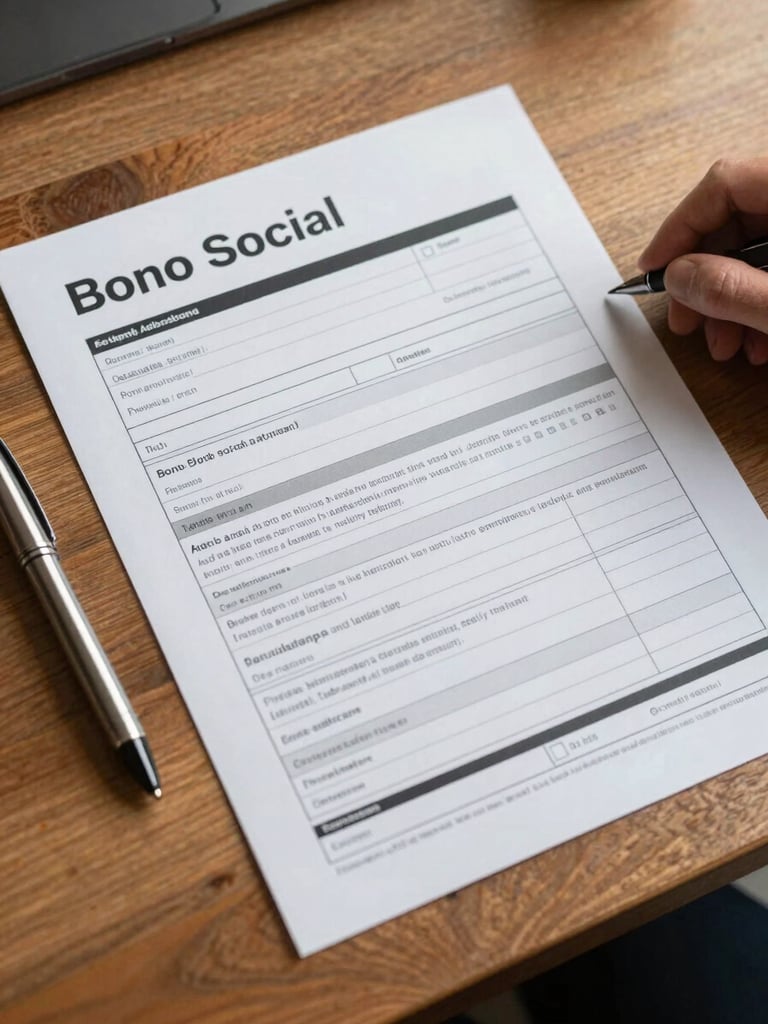 Overhead shot of a printed Bono Social application form on a wooden table, a pen resting beside it, one hand visible at the edge, warm overcast daylight, no identifying information visible