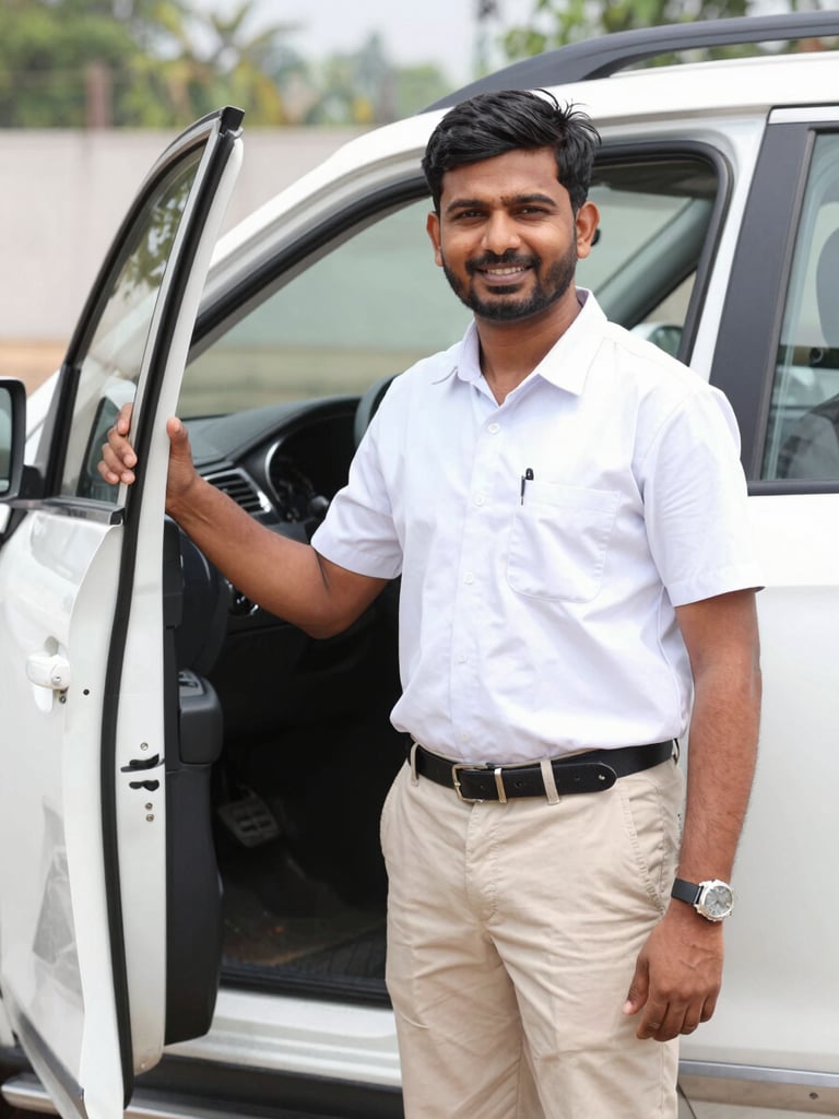 A professional Indian driver in a clean uniform standing next to an open car door with a welcoming smile, bright natural daylight, clean vehicle interior visible