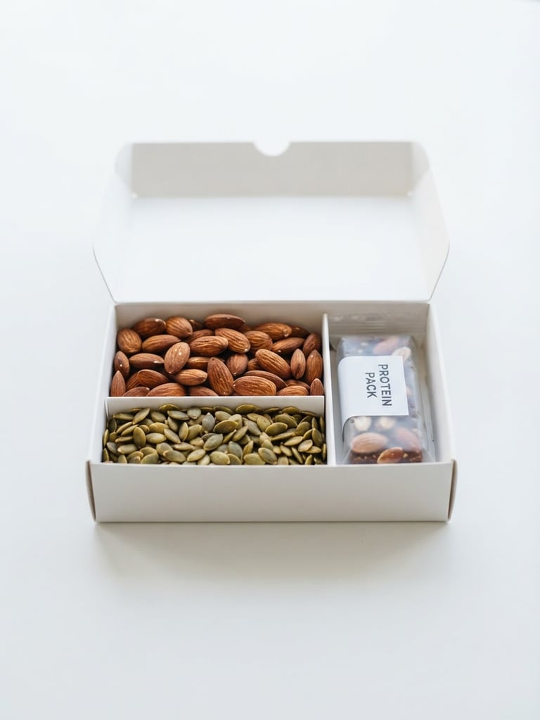 Crisp studio product photography of a modern high-protein snack box open on a clean white surface, showing almonds, pumpkin seeds, and a protein pack, bright natural light, sharp focus.