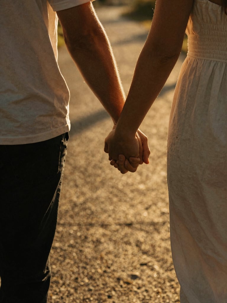Intimate close-up detail of a couple holding hands while walking through golden-hour shadows, warm backlighting, deep natural shadows, cinematic 35mm film aesthetic