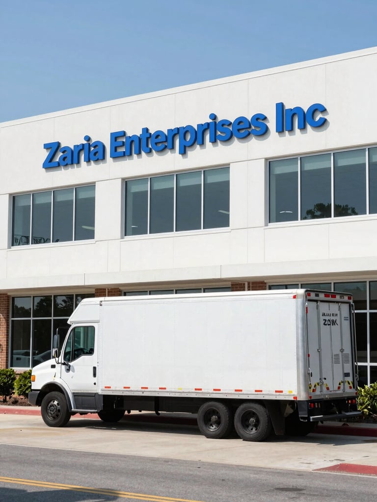 Bright morning daylight shot of the Zaria Enterprises Inc office exterior in Lawrenceville, GA, with a modern commercial transport truck parked nearby, sharp focus, 35mm lens.