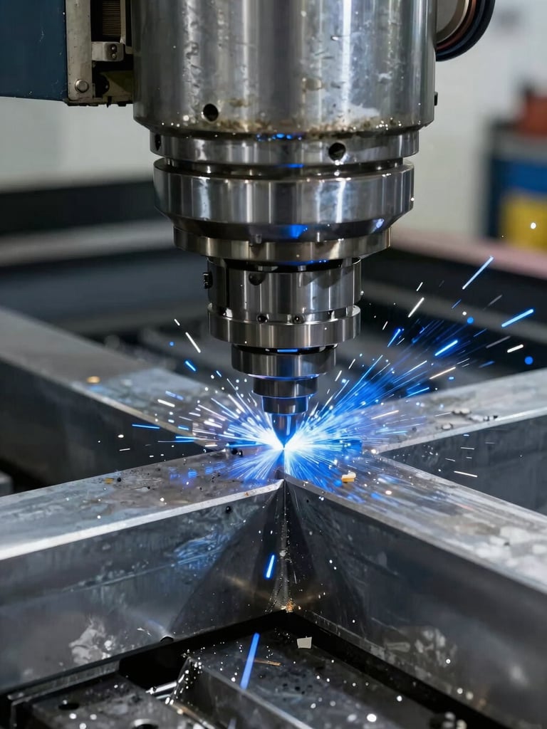 Sharp industrial photography of a massive CNC milling machine cutting raw steel, cool metallic reflections, bright blue sparks, high-contrast workshop lighting, macro depth of field.