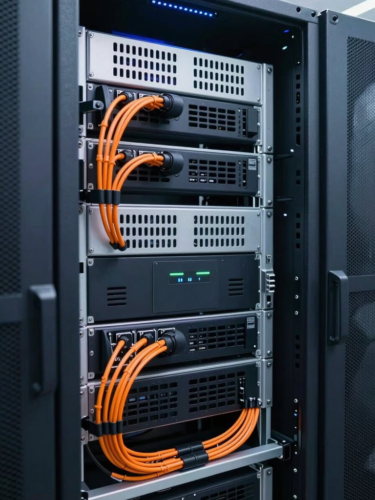 Crisp commercial photography of perfectly dressed server racks with immaculate orange and black cable management, cool-toned server room LED lighting, sharp details, 35mm lens.