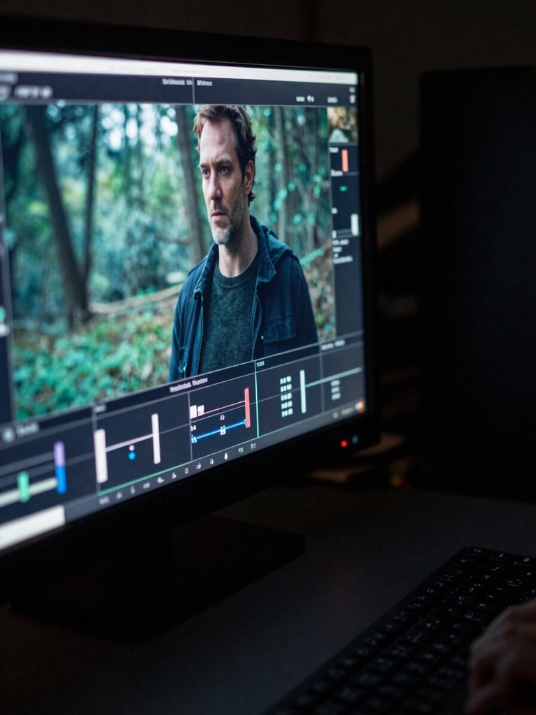 Close-up wide shot of a production monitor displaying a finished cinematic frame mid-color-grade, the screen filling the left bleed edge, deep shadow wrapping the right side of the frame, cool teal highlights from the display spilling onto a matte-black equipment surface below, shot from slightly below eye-level to emphasize the scale of the image on screen