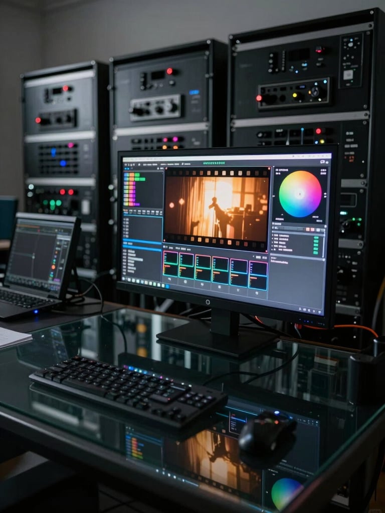 Wide-angle interior of a professional color-grade suite, a single monitor glowing with a warm-toned film frame, color wheels and scopes reflected in the darkened glass surface in the foreground, cool ambient light from rack-mounted equipment behind, no people visible — only the tools at work