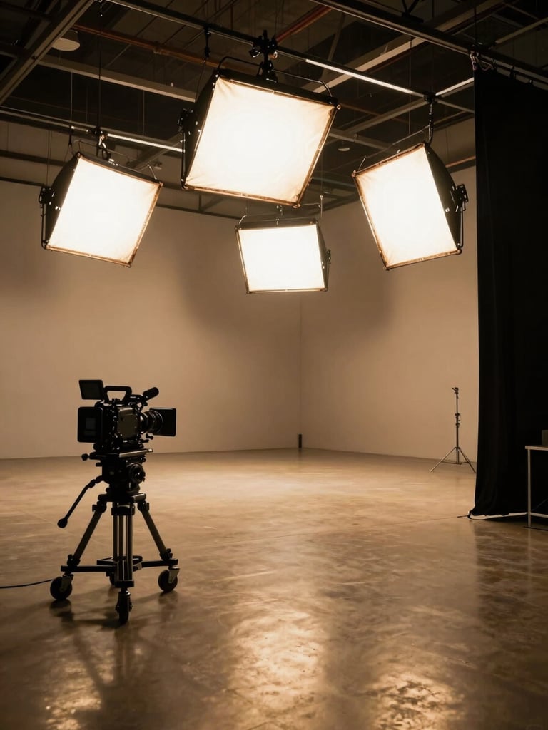 Wide environmental shot of an empty film stage interior, large tungsten practicals hanging from a rigging grid above, the floor reflecting a warm amber-gold glow from the lighting instruments, a single cinema camera on a dolly in the left foreground facing into negative space, the right edge of the frame bleeding into shadow, shot from a low wide angle emphasizing the scale and deliberate emptiness of the space