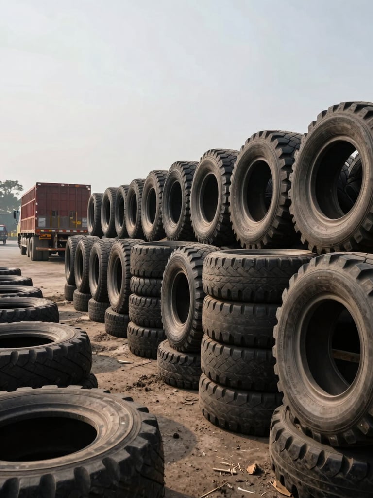 Wide side-view of a tire yard in Guwahati, rows of stacked used tires sorted by size under overcast daylight, a loaded flatbed truck visible in the background left, no people, industrial ground-level framing