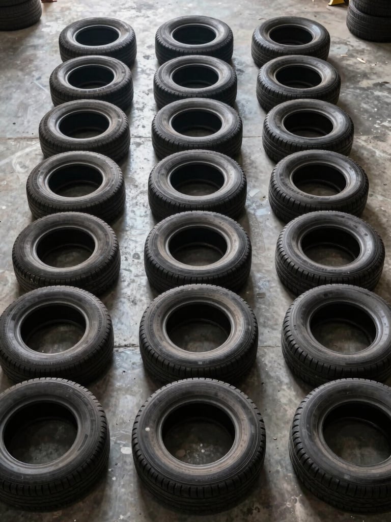 Overhead flat-lay of used tires sorted by size on a concrete warehouse floor in natural ambient light, sidewall markings visible, organized rows, no people, industrial documentary style