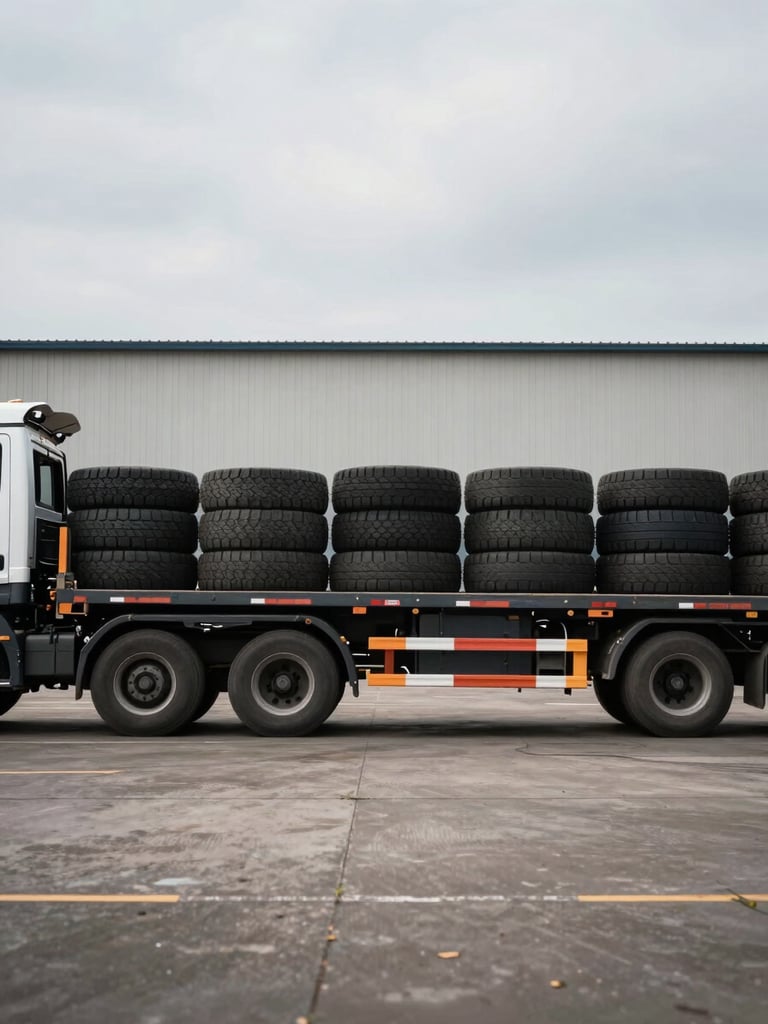 Wide side-view of a loaded flatbed truck parked in an open yard, stacked tires visible in natural overcast daylight, warehouse wall in background, low horizon