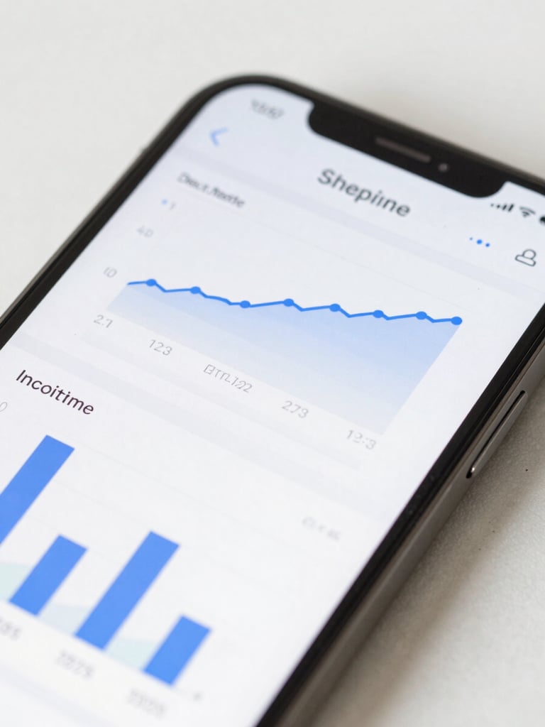 Abstract close-up of a mobile interface showing clean data charts on a smartphone screen, bright neutral daylight, cool slate and steel tones, sharp focus