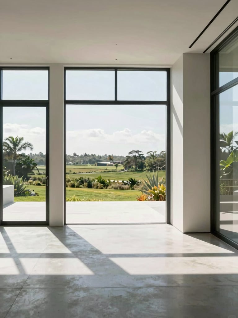 Straight-on architectural photograph of a modern minimalist home interior. Large, pristine floor-to-ceiling windows look out onto a soft green Florida landscape. Bright natural daylight streams through the glass, casting clean geometric shadows on the polished concrete floor. 35mm.