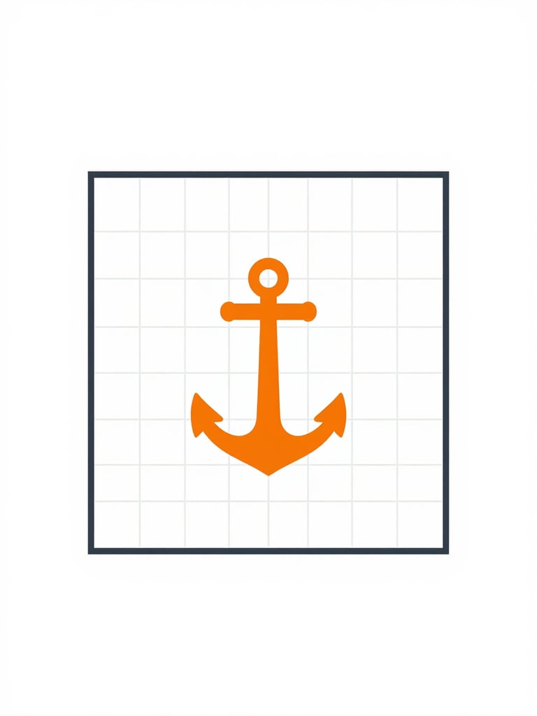 Clean geometric vector illustration representing a secure corporate framework, precise grid-aligned composition, minimalist slate lines with a sharp orange anchor shape, high-key white background.