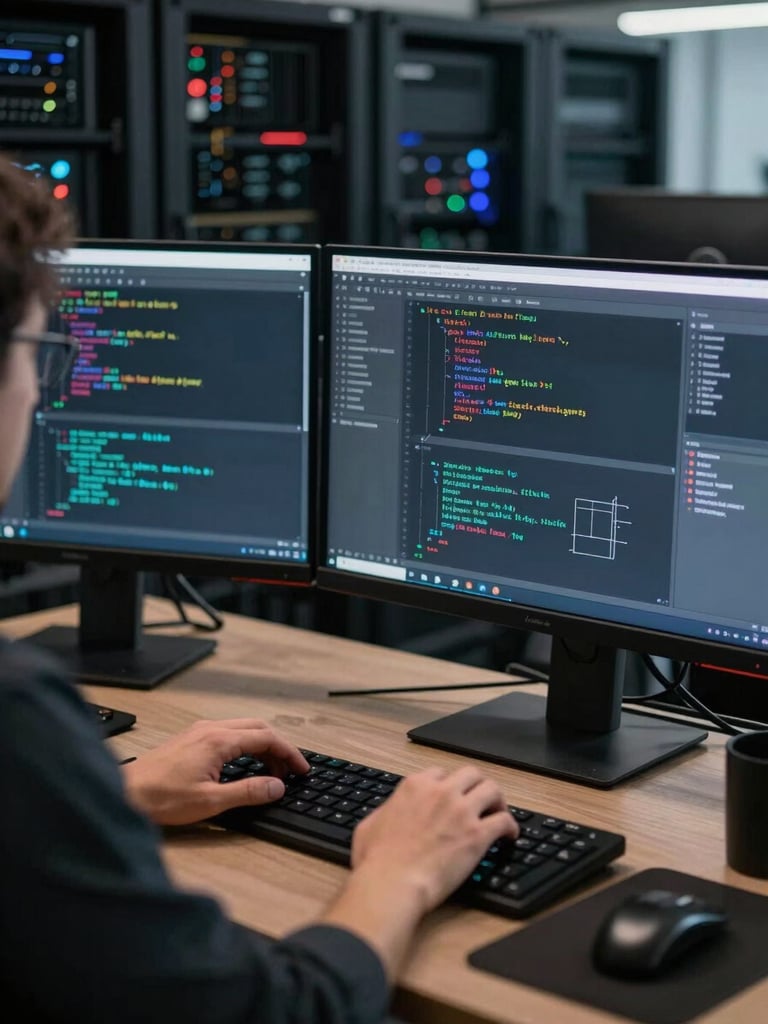 Wide over-the-shoulder shot of a software engineer at a dual-monitor workstation, code and system architecture diagrams filling both screens, cool monitor glow illuminating hands on keyboard, dark server racks visible in the background depth of field