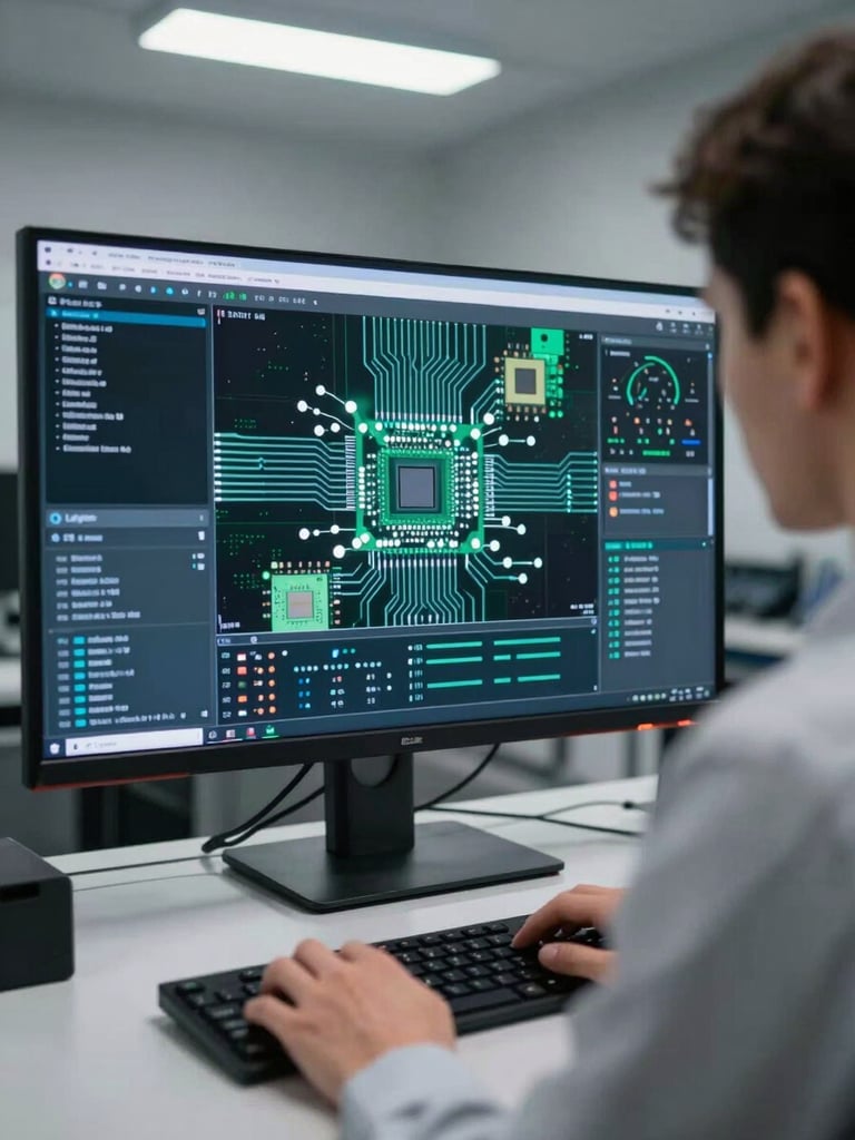 Over-the-shoulder view of an engineer reviewing a live defect-detection dashboard on a wide monitor, circuit board imagery on secondary screen, cool white overhead light, tight crop showing hands on keyboard and screen glow