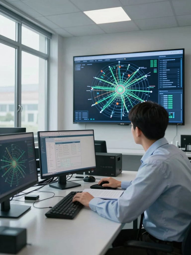 Wide-angle view of a logistics operations room, engineer pointing at a large network topology screen displaying route optimization data, cool daylight from side windows, monitors reflecting on desk surface
