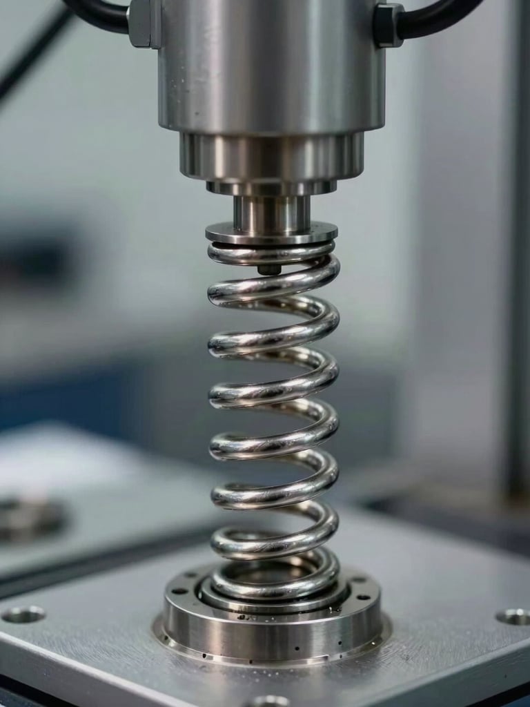 Macro shot of a high-carbon steel compression spring undergoing a physical load compression test in a hydraulic testing machine, cool industrial lighting, sharp metallic details.