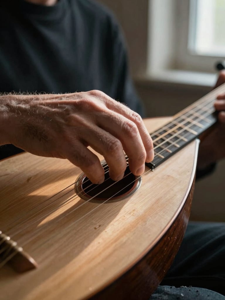 Intimate close-up of a performer's left hand pressing strings on an Oud fingerboard, natural window light from the upper right casting warm shadows across the knuckles and wood grain, shallow depth of field, dark background