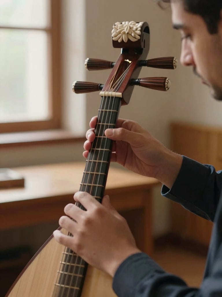 Close-up of a teacher's and student's hands on an Oud neck together, fingers positioned on the strings, warm natural window light from the left, wooden teaching studio in soft focus behind