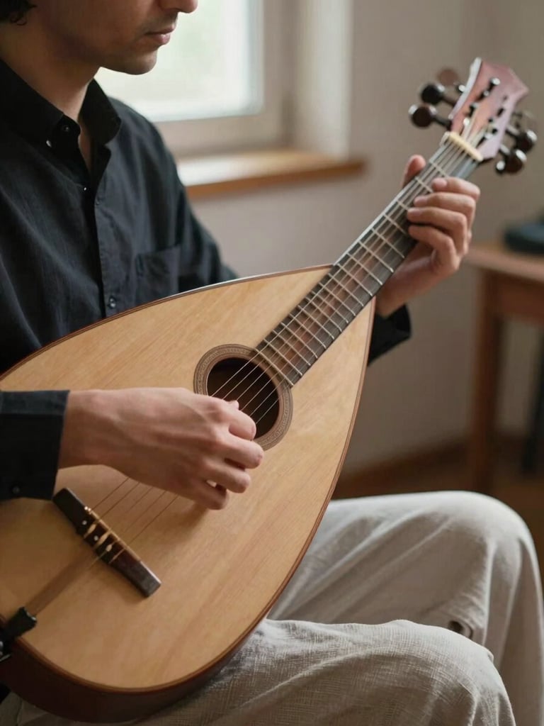 Intimate teaching studio scene, a student's left hand pressing strings on an Oud neck with the teacher's hand guiding from the side, natural window light falling across both sets of hands, warm wooden tones of the instrument against a neutral linen surface