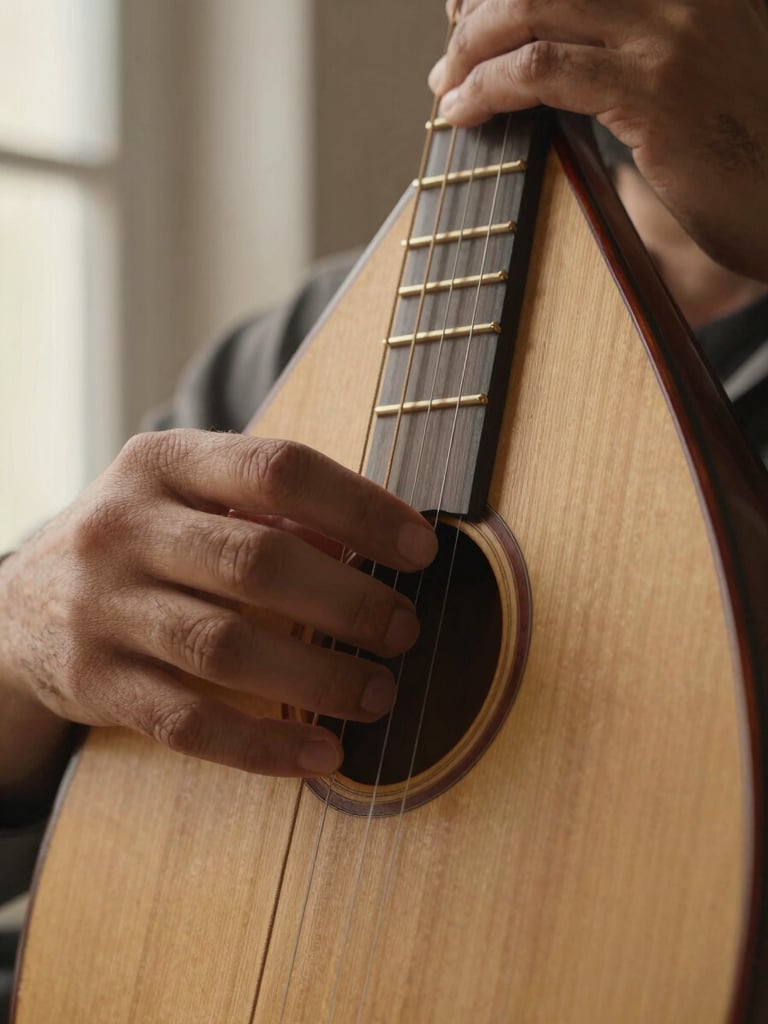 Extreme close-up of left hand fingers pressing Oud strings against the neck, natural window light from the left, wood grain of the instrument visible, warm amber tones