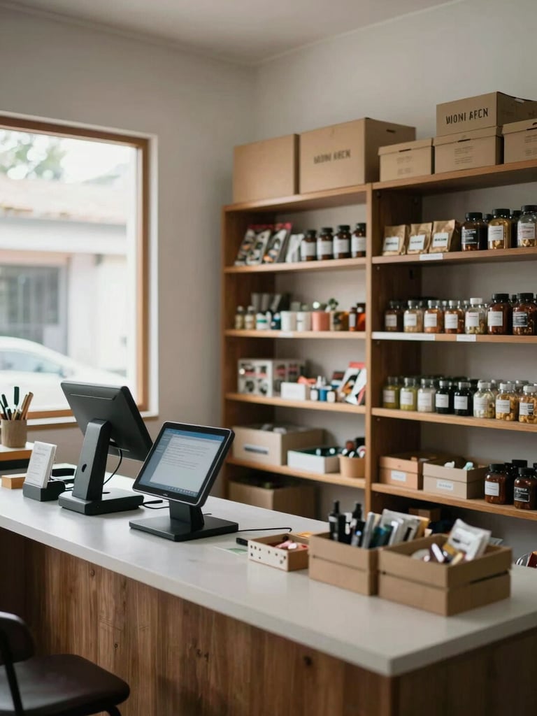 Wide interior shot of a small Indonesian retail workshop, organized shelving and a tablet-based POS system on the counter, natural window light from the left, no people, honest functional daylight atmosphere