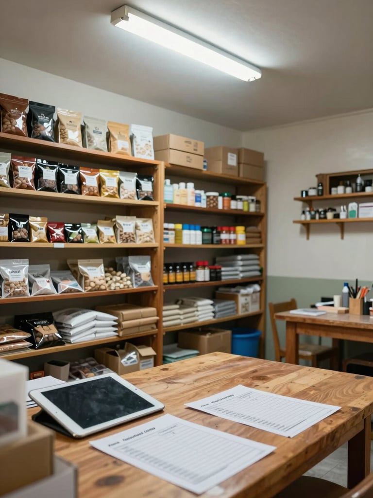 Wide interior of a small Indonesian workshop in daylight, shelves of packaged goods to the left third, a wooden worktable with a tablet and printed orders in the foreground, clean overhead fluorescent light, no people, organized and operational