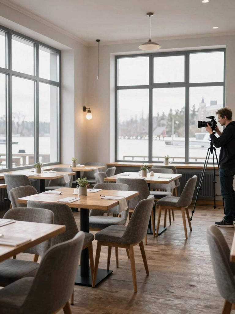 Panoramic interior of a Nordic-style restaurant dining room, empty before service, natural light flooding through tall windows onto bare oak tables and linen, agency photographer adjusting a camera on a tripod to the far right edge, calm and spacious